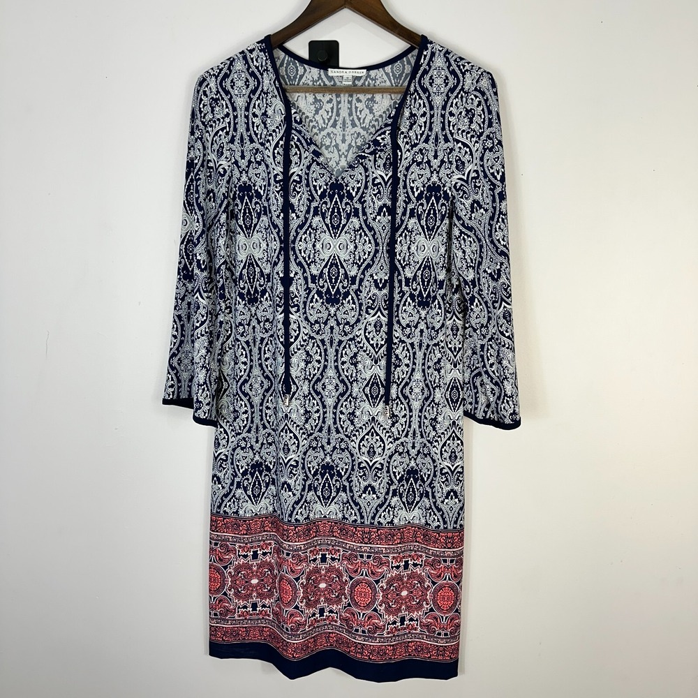 Sandra Darren Midi Shift Dress Womens‎ 12 Geometric Boho Tassel Resort Travel